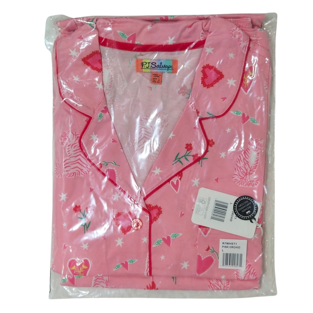PJ Salvage Pajama Set Tiger Large Pink Orchid Top/Pants Whimsy Colorful 🐅🩷